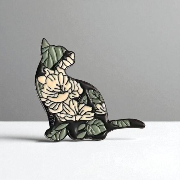 Floral Cat Enamel Pin - Vintage Style Hard Enamel Brooch - Picture 1 of 5